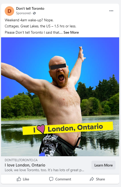 Cottage Desktop An image of a happy man throwing his arms into the air and about to plunge into a lake. A banner across the image with a hear reads, I love London, Ontario