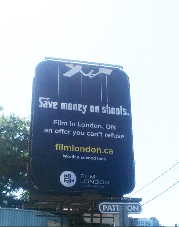 SaveMoneyonShoots Save money on shoots poster on a billboard in Toronto near the film district