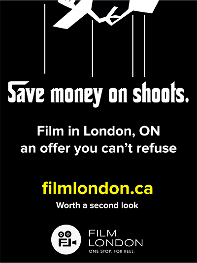 SaveMoneyonShoots_Billboard_FilmLondon A poster that invokes the appearance of the original GodFather poster. All black with the text: Save Money on Shoots. Film in London, ON an offer you can't refuse. filmlondon.ca. Worth a second look. With the Film London logo and the tag line, One Stop. For Reel.