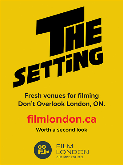 TheSetting_Billboard_FilmLondon A poster that invokes the appearance of the original Shining Poster. Bright yellow with the text: The Setting. Fresh venues for filming. Don't Overlook, London, ON. filmlondon.ca. Worth a second look. With the Film London logo and the tag line, One Stop. For Reel.