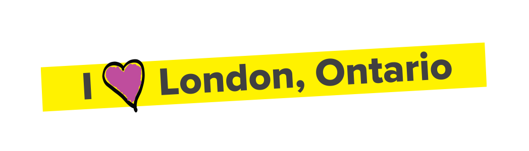 I_Love_London_Ontario A bright yellow banner with a pinky purple heart that readsL "I love London, Ontario"